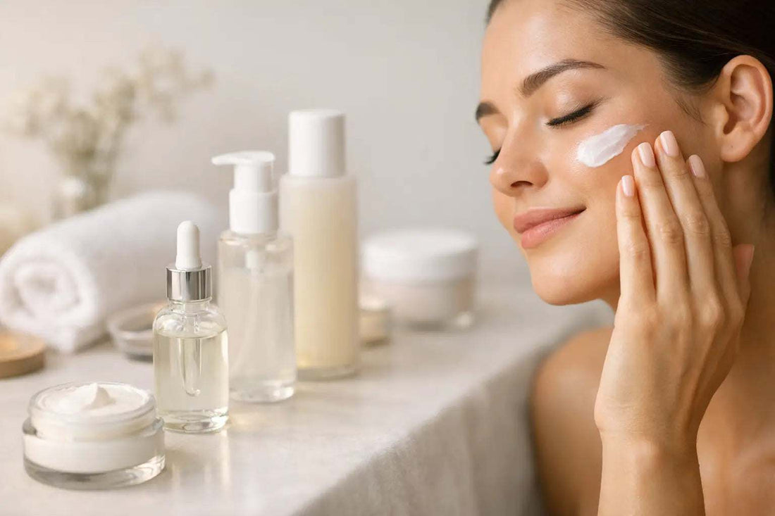 Diagram showing the correct skincare go in order: cleanser, serum, eye cream, moisturizer, and sunscreen for morning routine.