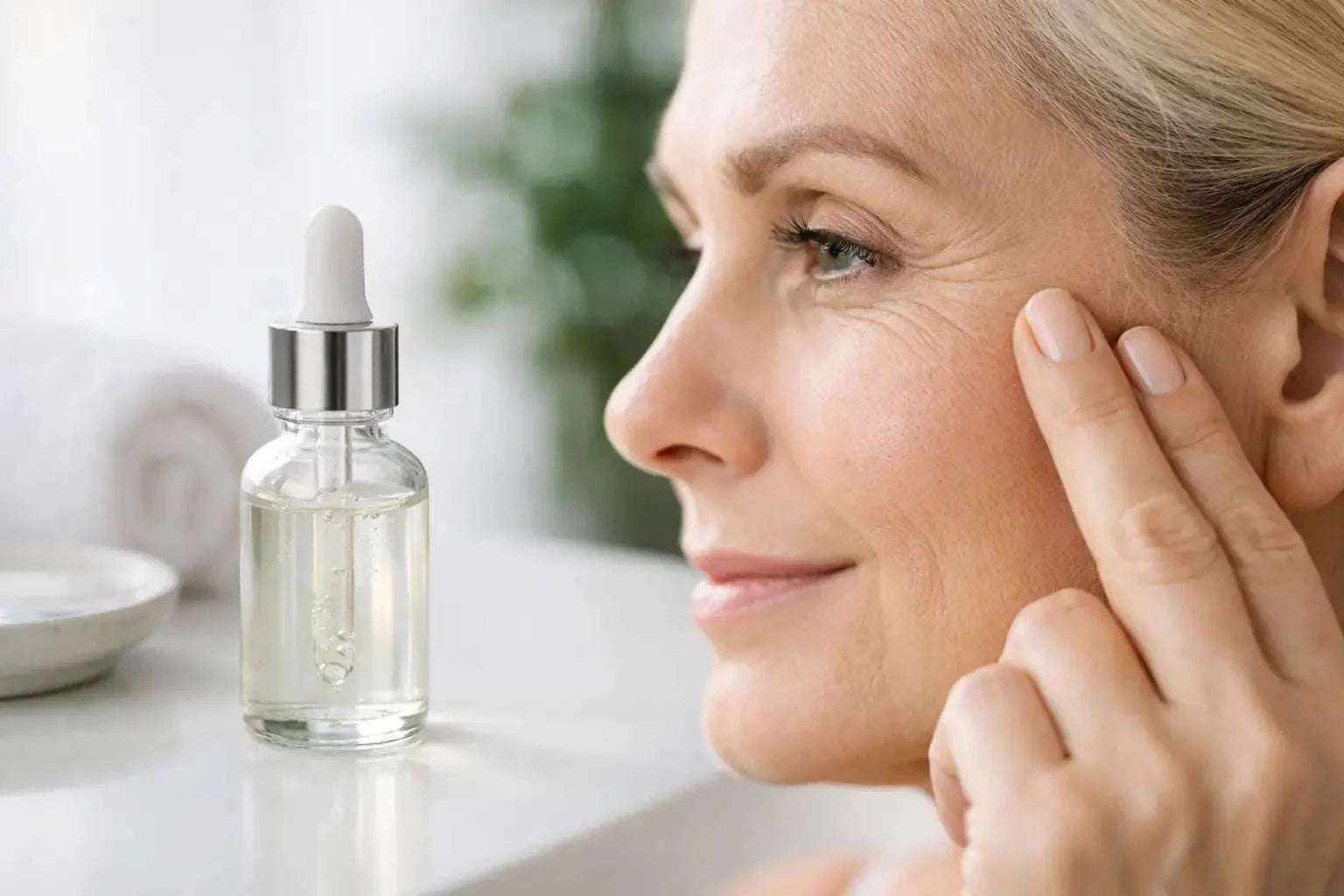 Woman applying peptide serum to forehead lines and smile lines. Peptide Serum for Fine Lines
