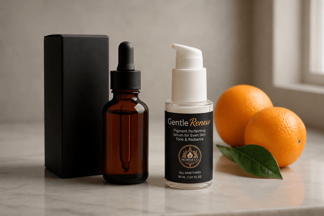 Close-up of Norvia Co Pigment Perfecting Serum bottle for even skin tone and radiance against white background
