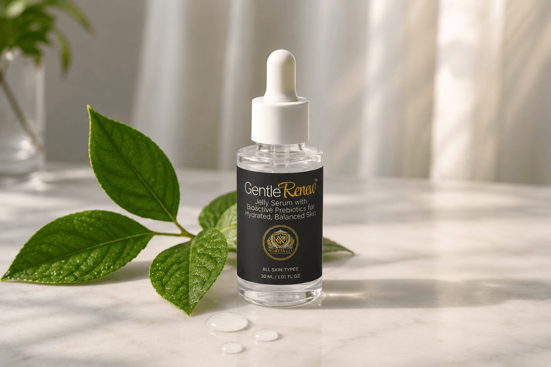 GentleRenew Jelly Serum bottle with gel droplet and greenery, product shot for 2026 review