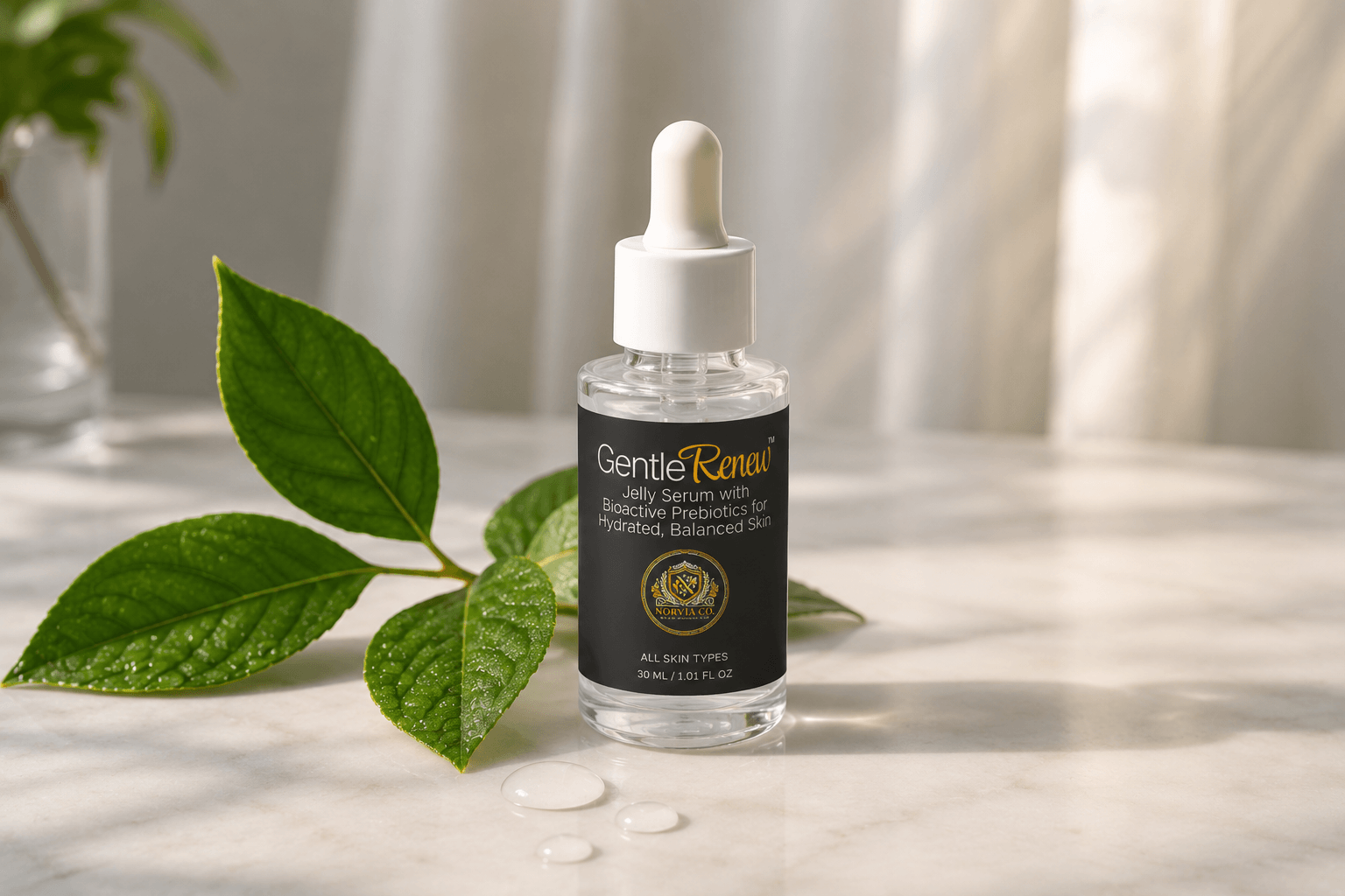GentleRenew Jelly Serum bottle with gel droplet and greenery, product shot for 2026 review