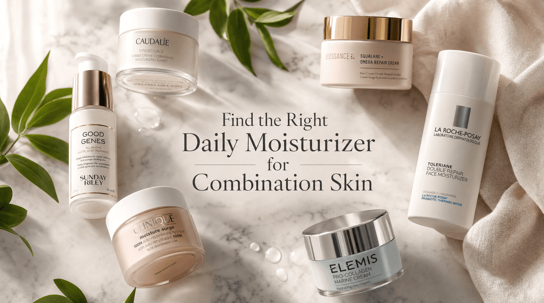 Daily moisturizer for combination skin on a bathroom shelf with skincare products
