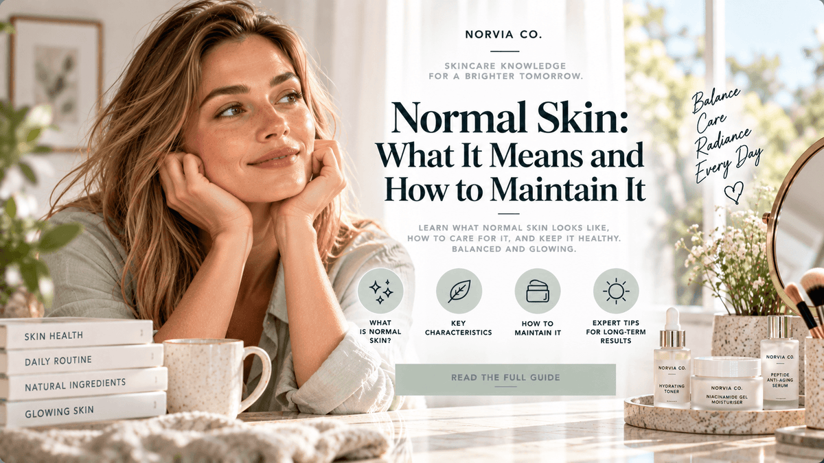 Skincare article cover featuring Normal Skin: What It Means and How to Maintain It, with a woman and skincare products.