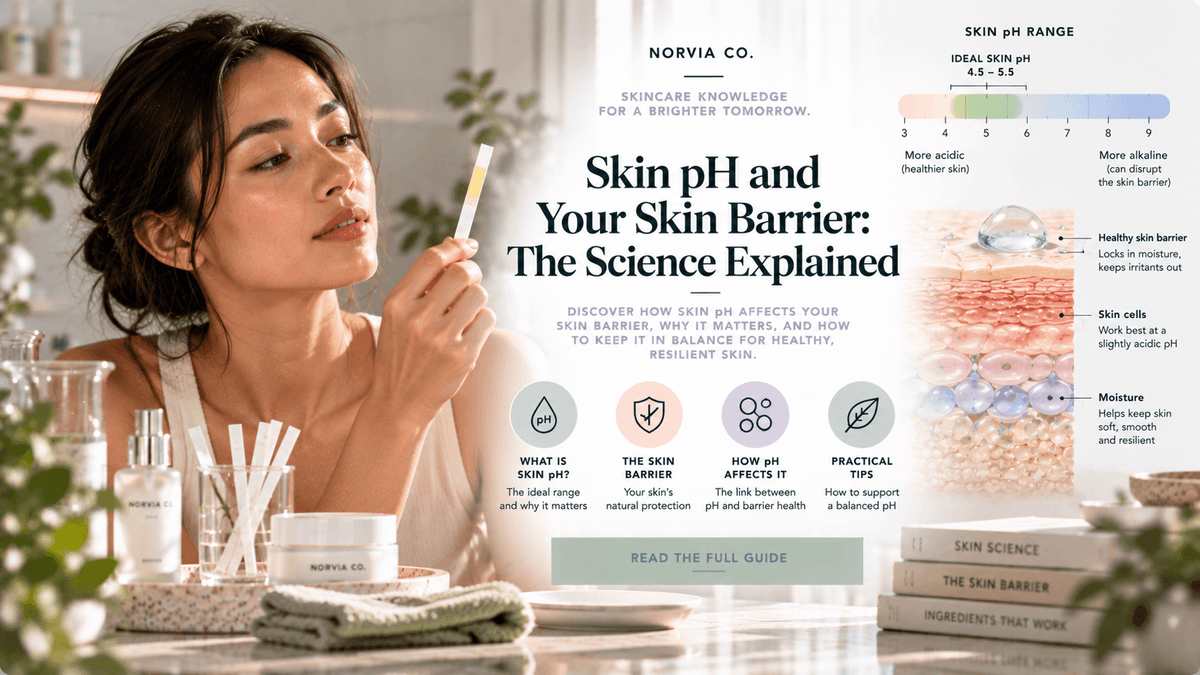 Skin care infographic featuring a woman holding a pH strip, with skin barrier diagrams and Skin pH and Your Skin Barrier: The Science Explained
