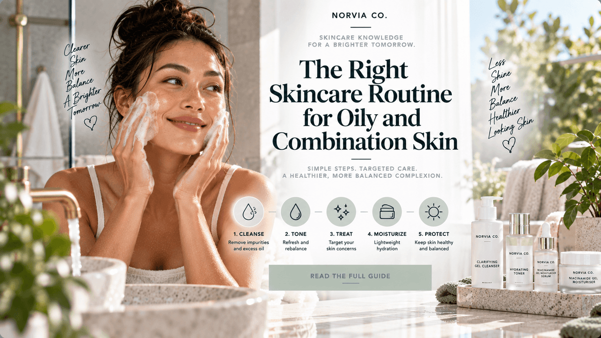 Skincare routine guide graphic featuring a woman cleansing her face and a row of skincare products; The Right Skincare Routine for Oily and Combination Skin