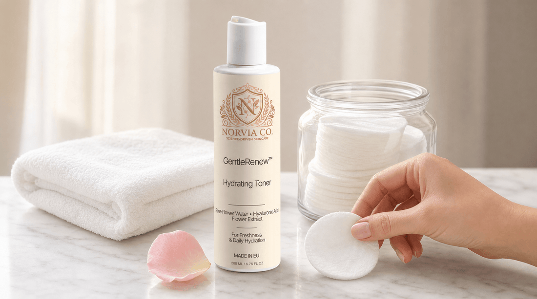 Woman applying hydrating toner on her face for balanced skin care routine