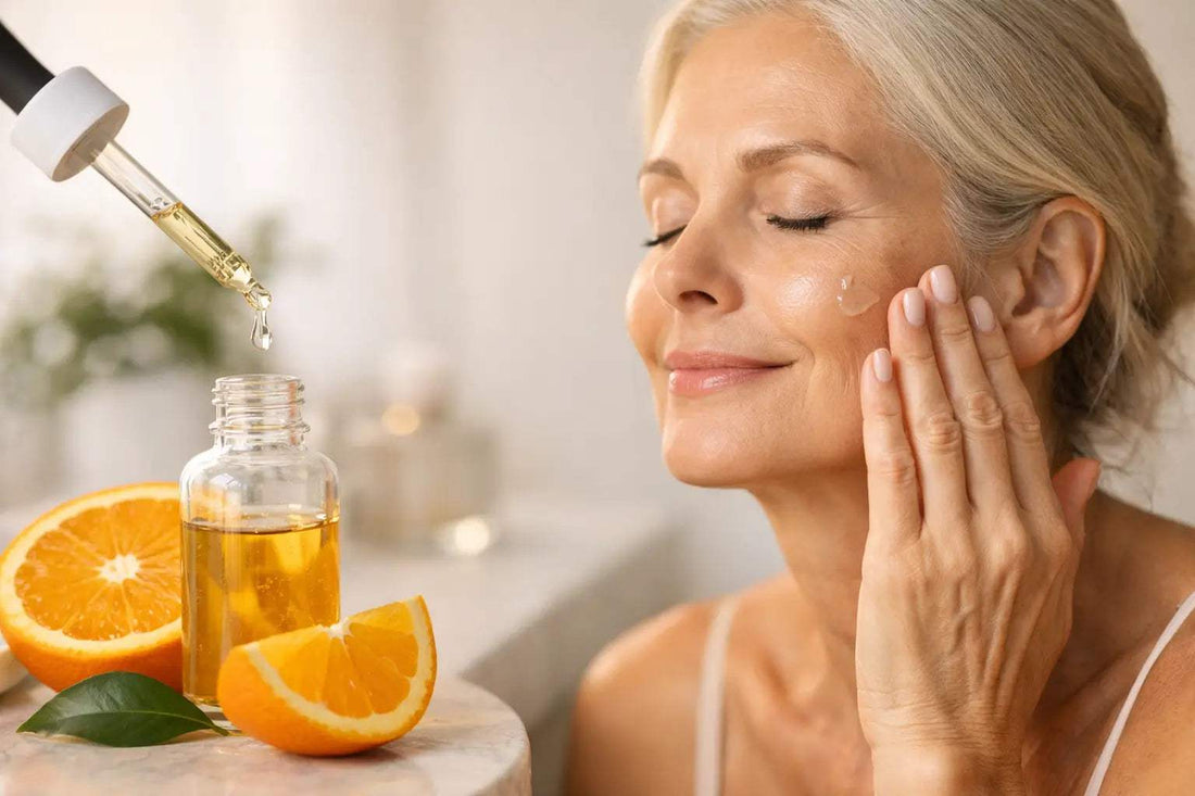 Bottle of vitamin C serum with citrus fruits, promoting vitamin C for mature skin care benefits