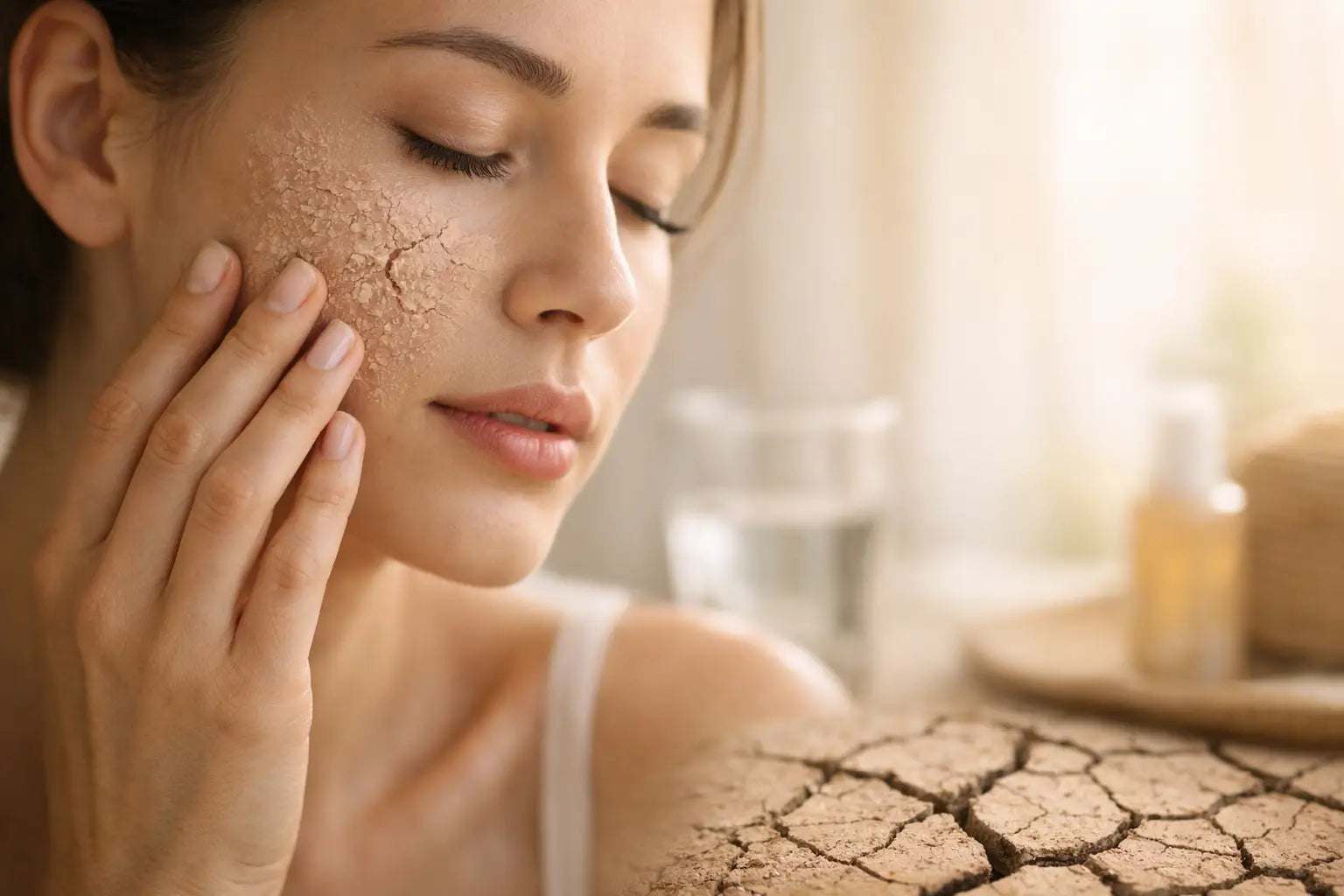 diagram illustrating common skin dehydration causes including environmental factors, overcleansing, exfoliation, and product overload