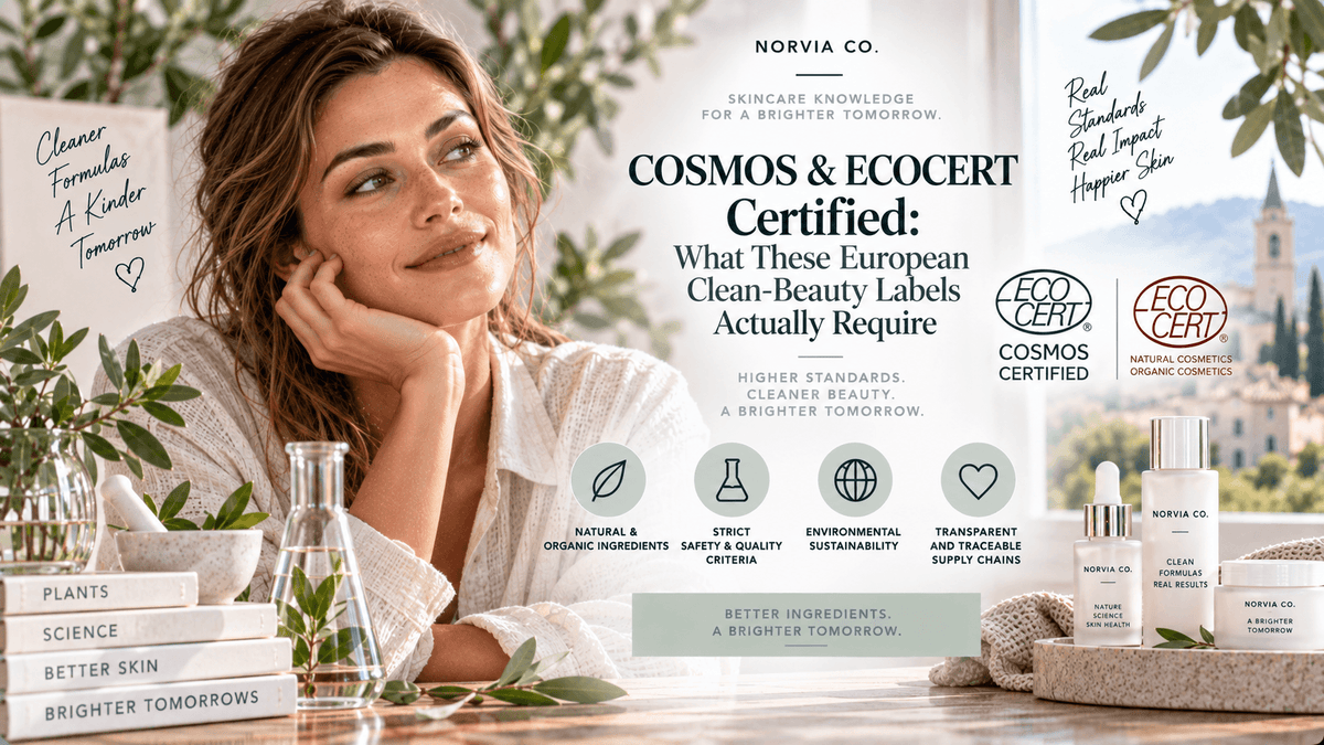 Beauty skincare set featuring white bottles with dropper and pump, natural and organic ingredients emphasizing COSMOS certification.