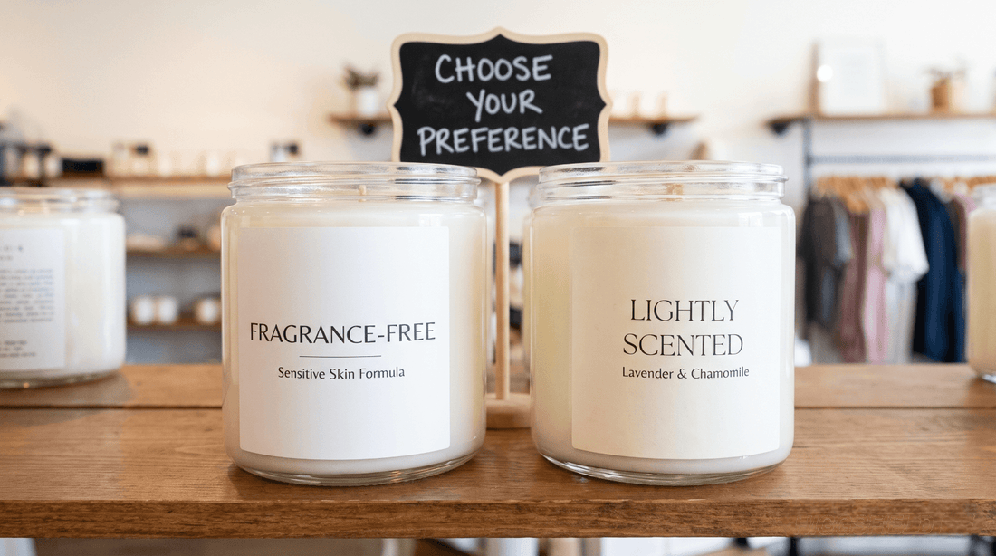 Comparison of fragrance-free products and lightly scented options on a wooden table