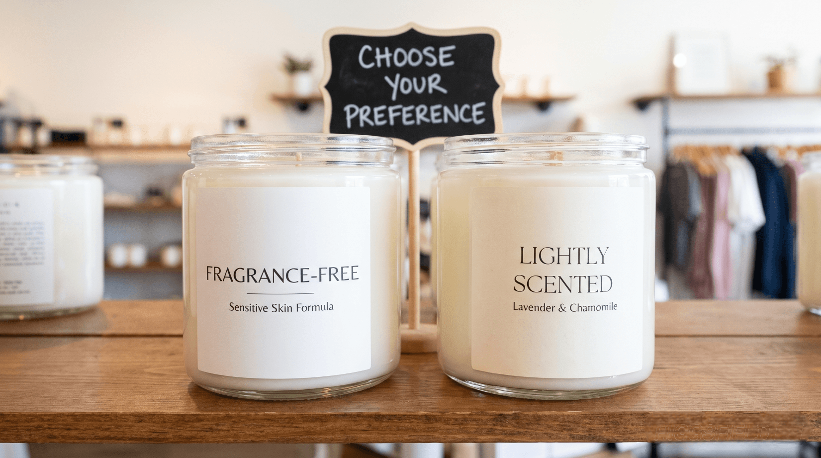 Comparison of fragrance-free products and lightly scented options on a wooden table