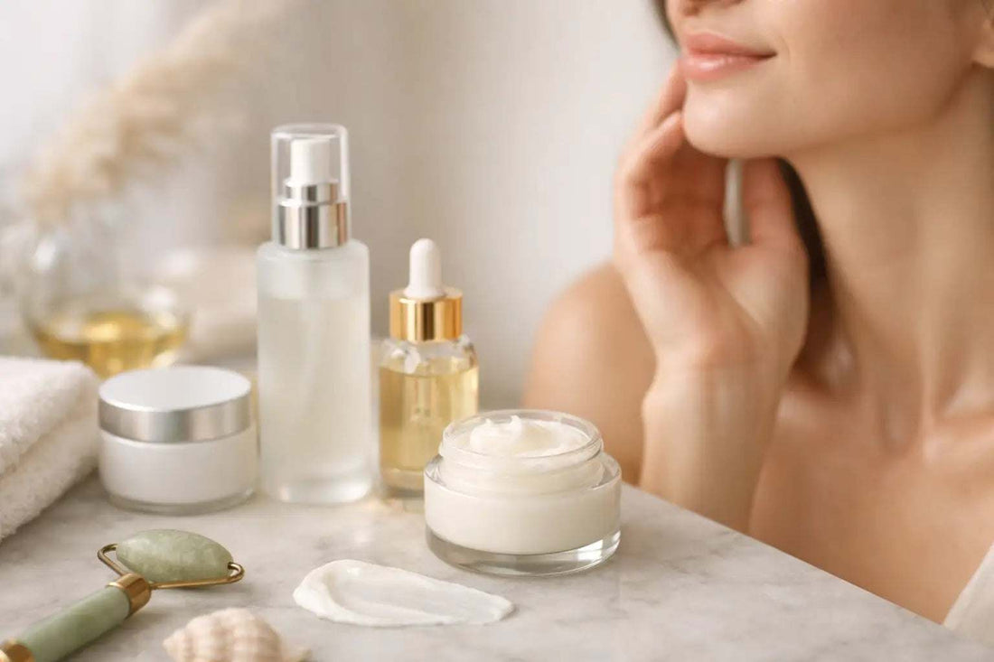 Array of best skincare products for improving skin firmness including serums, moisturizers, and sunscreen