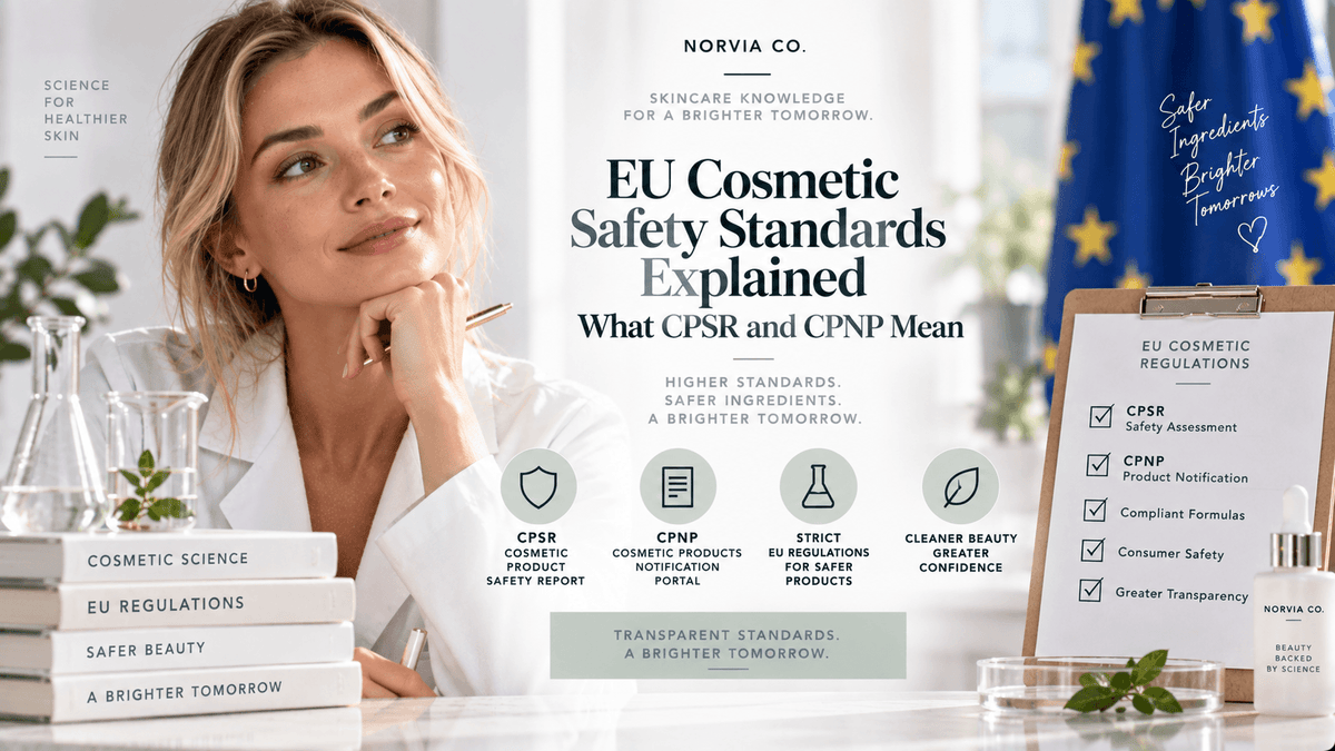 Promotional graphic for EU cosmetic safety standards featuring a woman in white lab coat, scientific glassware, stacked books, and checklist clipboard.