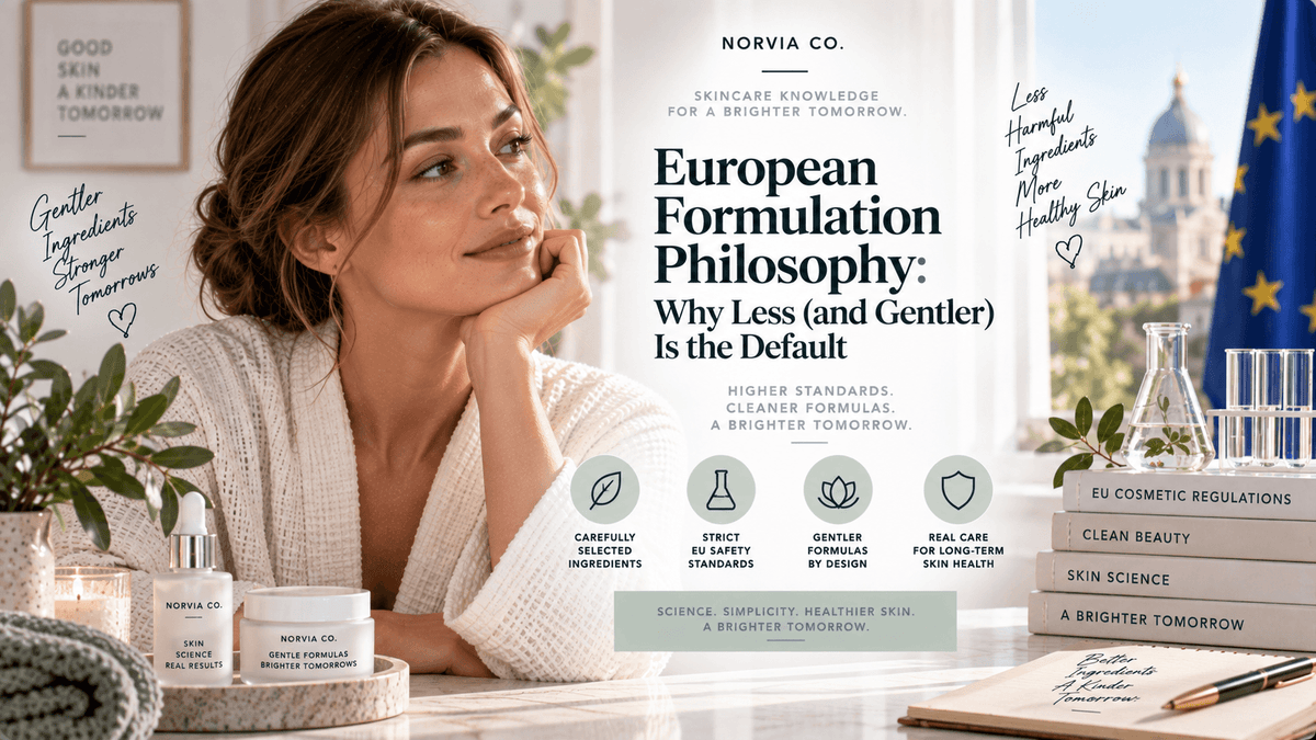 Skincare display featuring a white dropper bottle and white jar with simple labels, promoting European formulation philosophy with gentle, carefully selected ingredients.