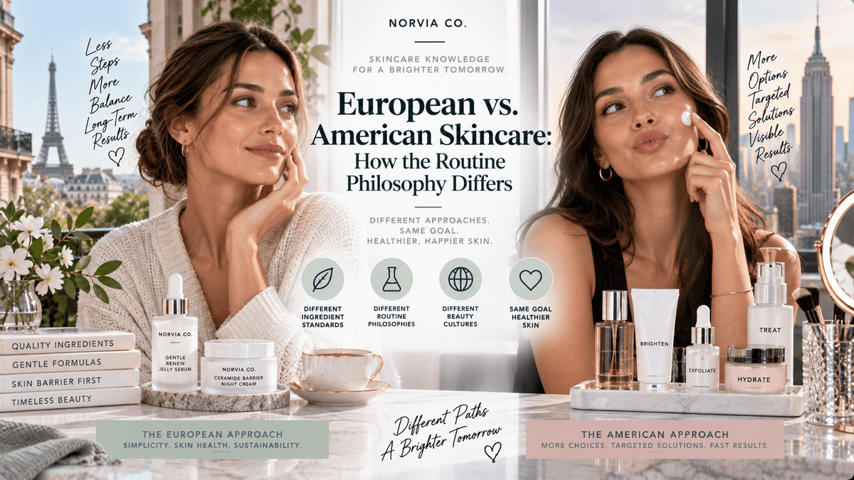 Comparison image showing European skincare routine with minimal products and gentle formulas next to an American routine with multiple skincare products for targeted treatment.