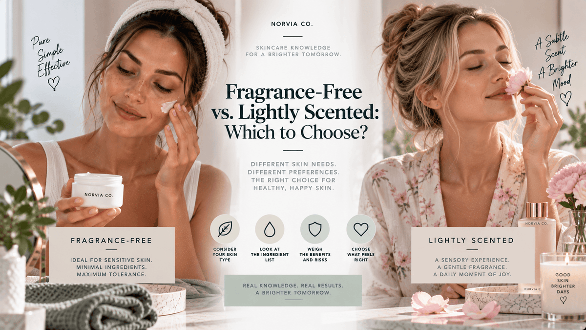 Comparison of fragrance-free and lightly scented skincare products side by side on a wooden table