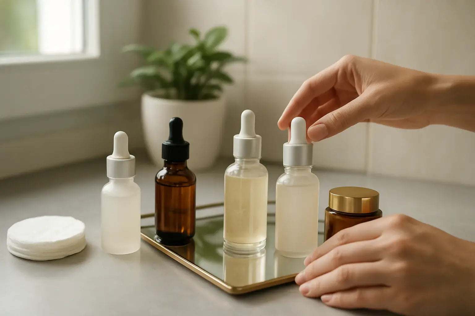 bottles of serums and actives stored in cool, dark conditions to preserve potency