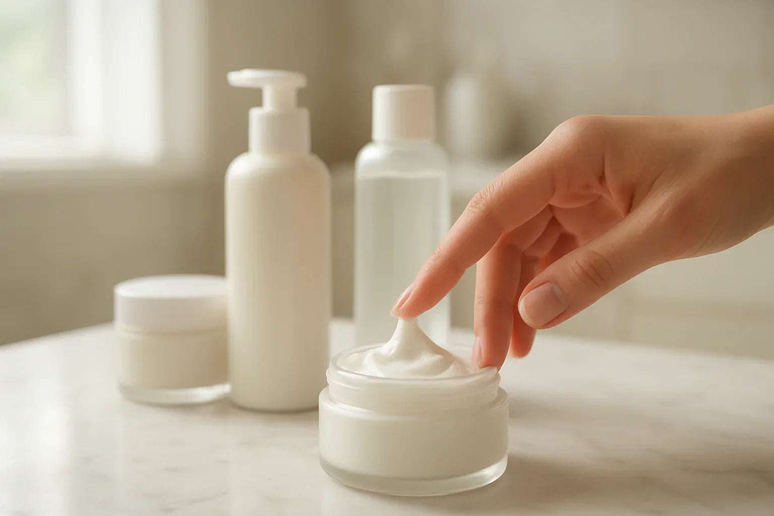 woman gently touching her sensitive facial skin during skincare routine with gentle products