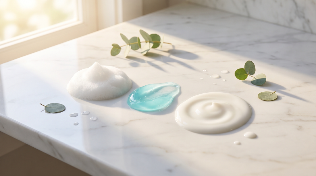 Various foam, gel, and milk cleansers displayed for choosing the best cleanser that fits your skin type and needs