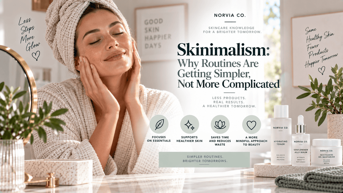 Skincare products in white and clear packaging with minimalist labels alongside a woman in a beige towel wrap gently touching her face, illustrating skinimalism.