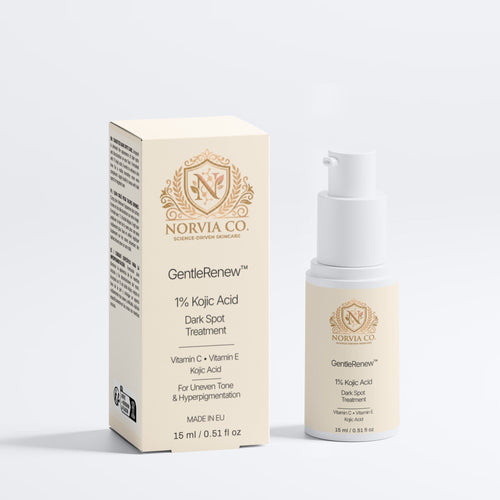 Norva Co. CanteRenev 1% Kojic Acid Dark Spot Treatment shown with its cream-colored outer box and matching pump bottle on a clean white background.