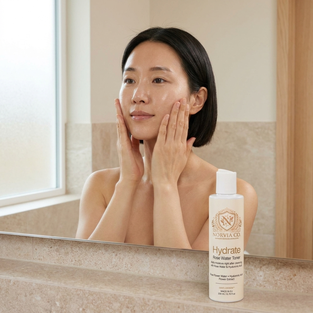 Woman patting Hydrate Rose Water Toner onto her cheeks
