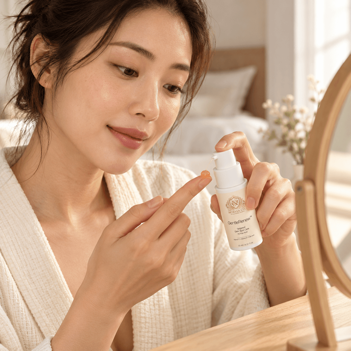 Dark spot treatment with white pump bottle, featuring 1 Kojic Acid formula and targeted facial application
