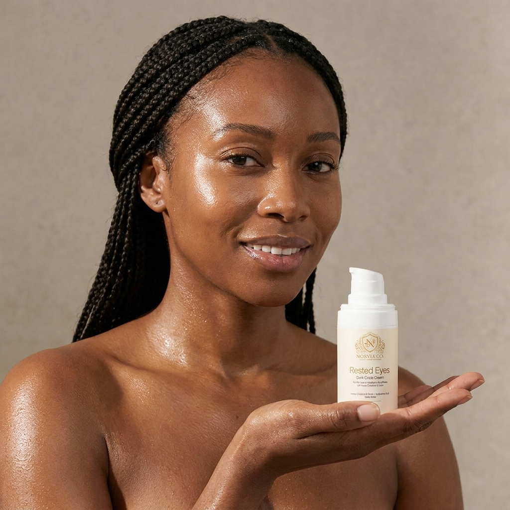 Woman with glass-skin holding Norvia Co. Rested Eyes Dark Circle Cream