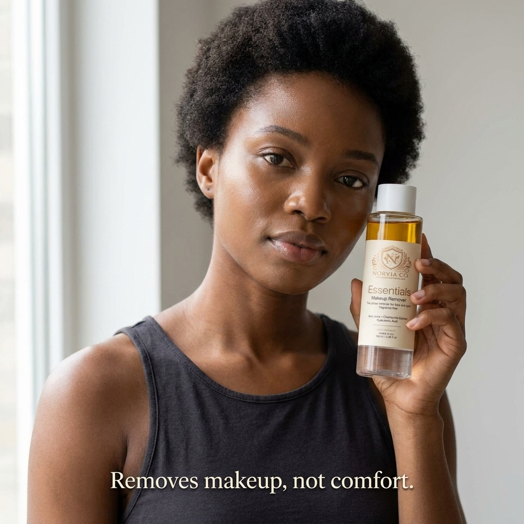 Norvia Co. Essentials Makeup Remover – model with two-phase remover, removes makeup not comfort