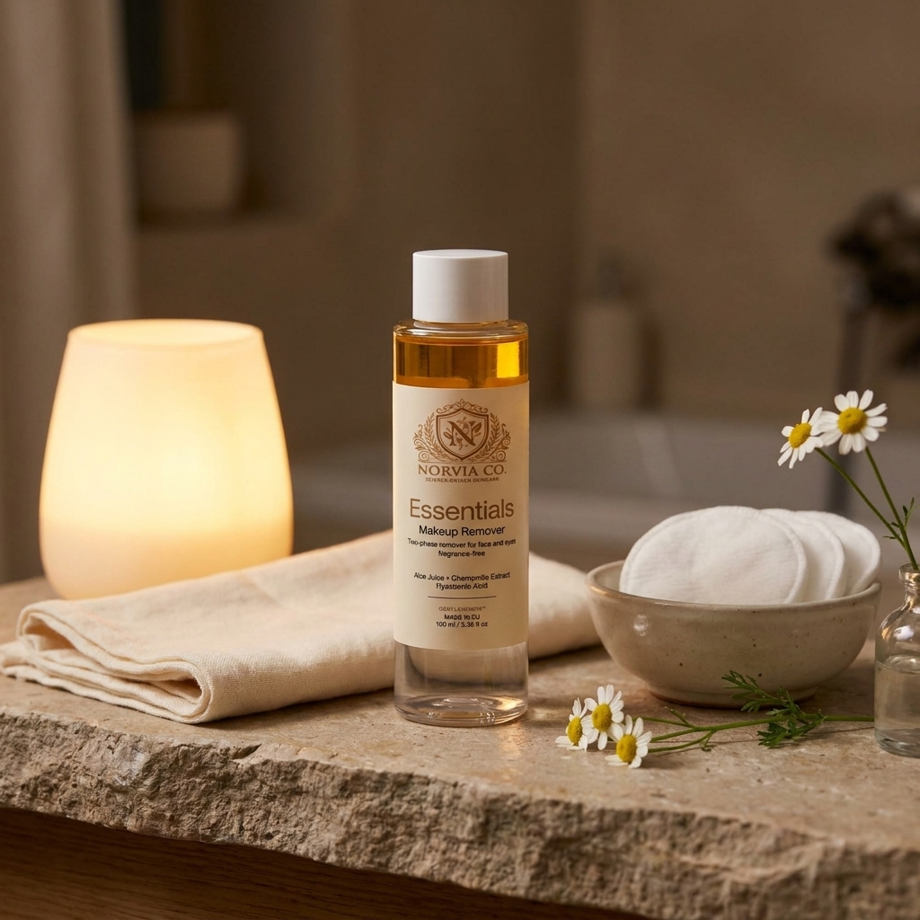 Norvia Co. Essentials Makeup Remover on an evening vanity ledge