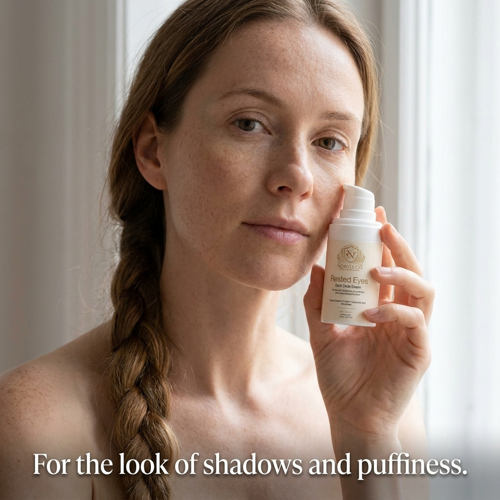Woman holding Norvia Co. Rested Eyes Dark Circle Cream, for the look of shadows and puffiness