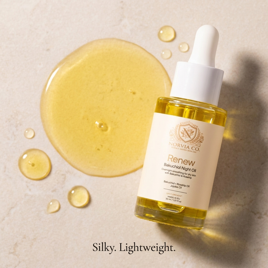 Norvia Co. Renew Bakuchiol Night Oil with silky golden oil texture
