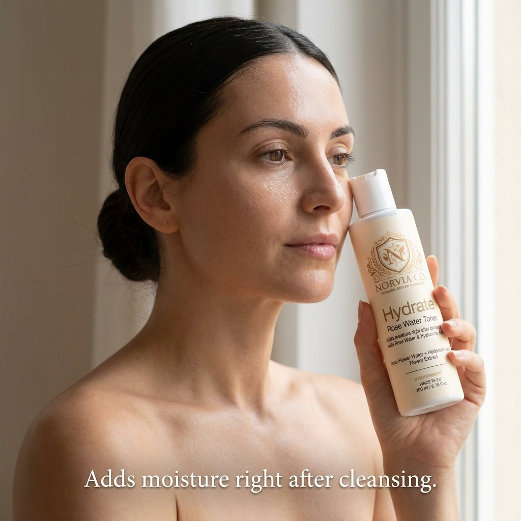 Woman holding Norvia Co. Hydrate Rose Water Toner, adds moisture right after cleansing