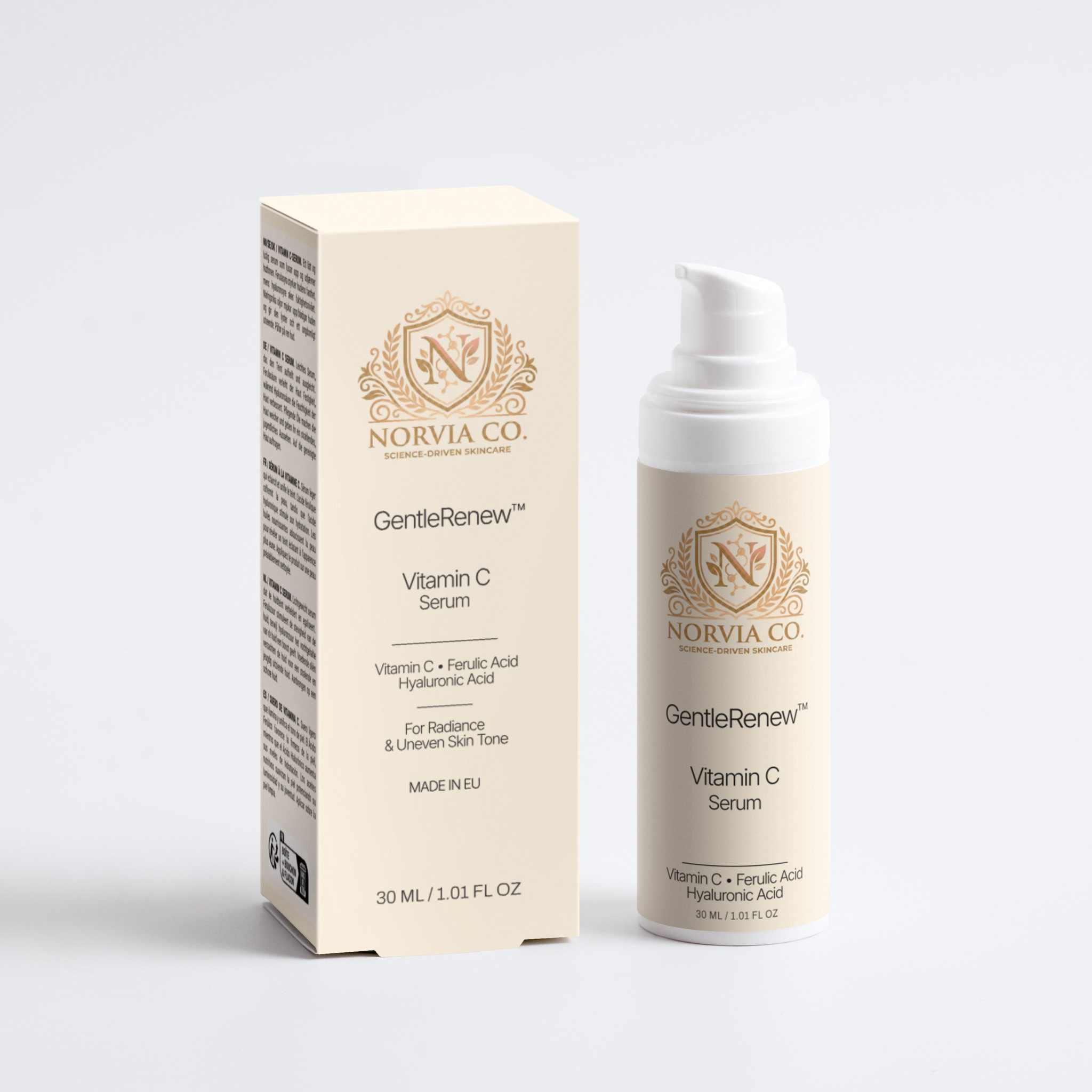 Norviva Co. Gentle Renew Vitamin C Serum packaging on a white background