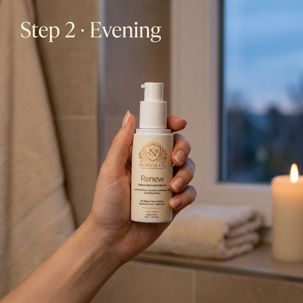 Hand holding Norvia Co. Renew Retinol Alternative Serum by a bathroom window at dusk