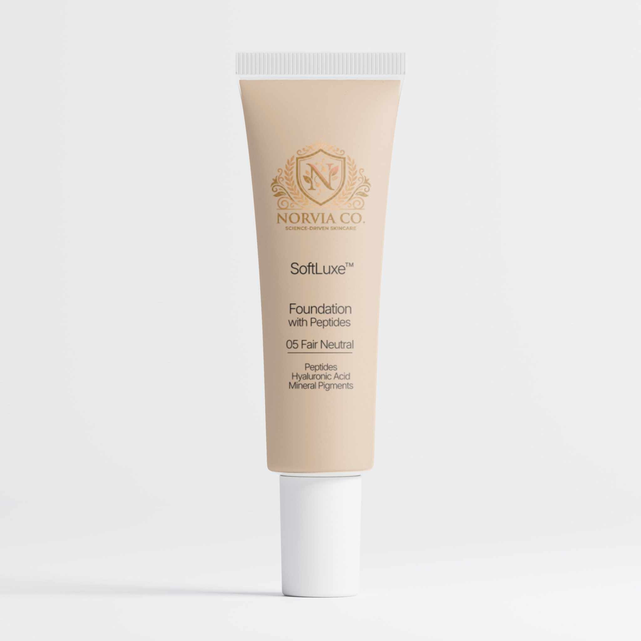 SoftLuxe Foundation with Peptides in a glass bottle with pump dispenser and beige cap