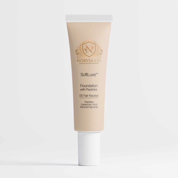 SoftLuxe Foundation with Peptides in a glass bottle with pump dispenser and beige cap