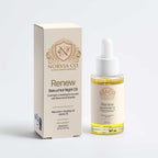Norvia Co. Renew Bakuchiol Night Oil next to its cream-colored box on a light gray background