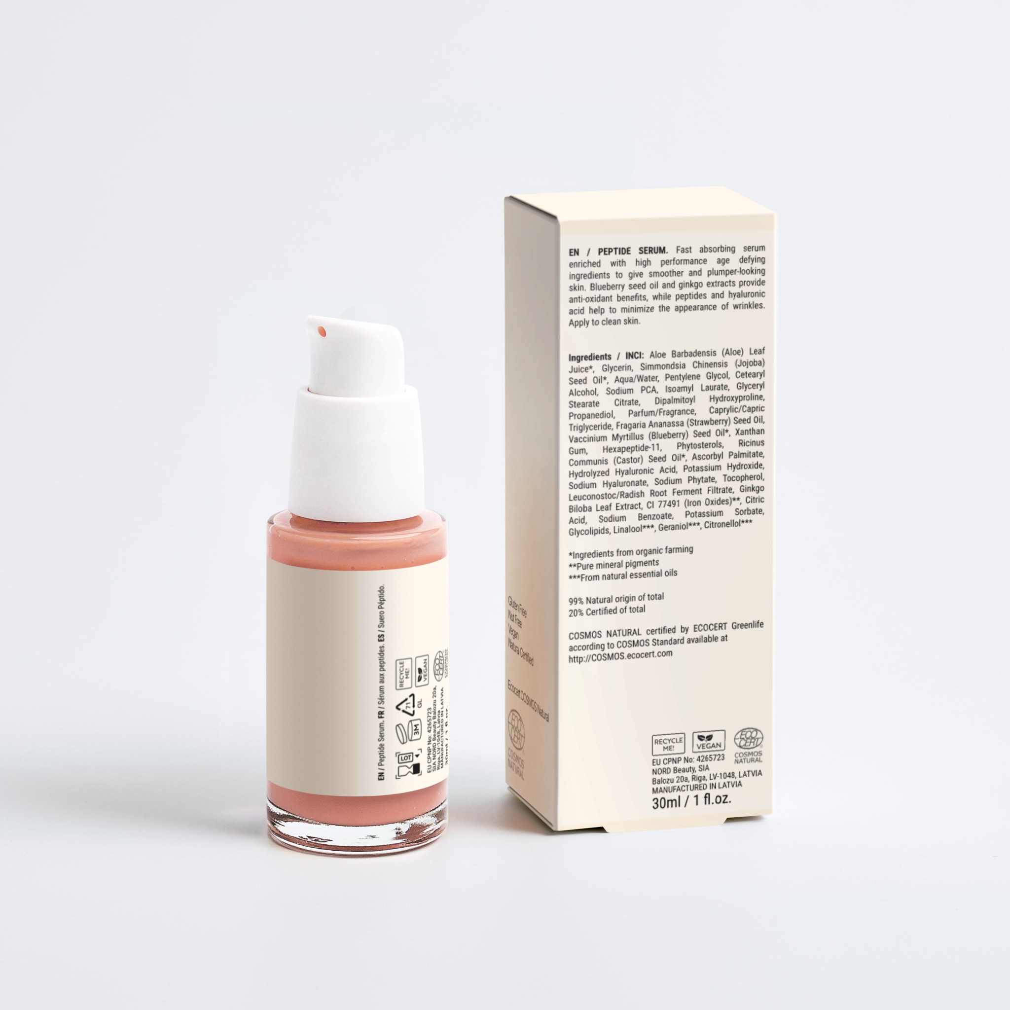 Bottle of GentleRenew™ Peptide Anti-Aging Serum by Norvia Co with light green label and dropper cap