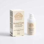 A cream-colored cosmetic product bottle and its matching packaging box from Norvia Co. Both items feature gold branding and text for 'Rested Eyes Dark Circle Cream' on a clean, light gray studio background.