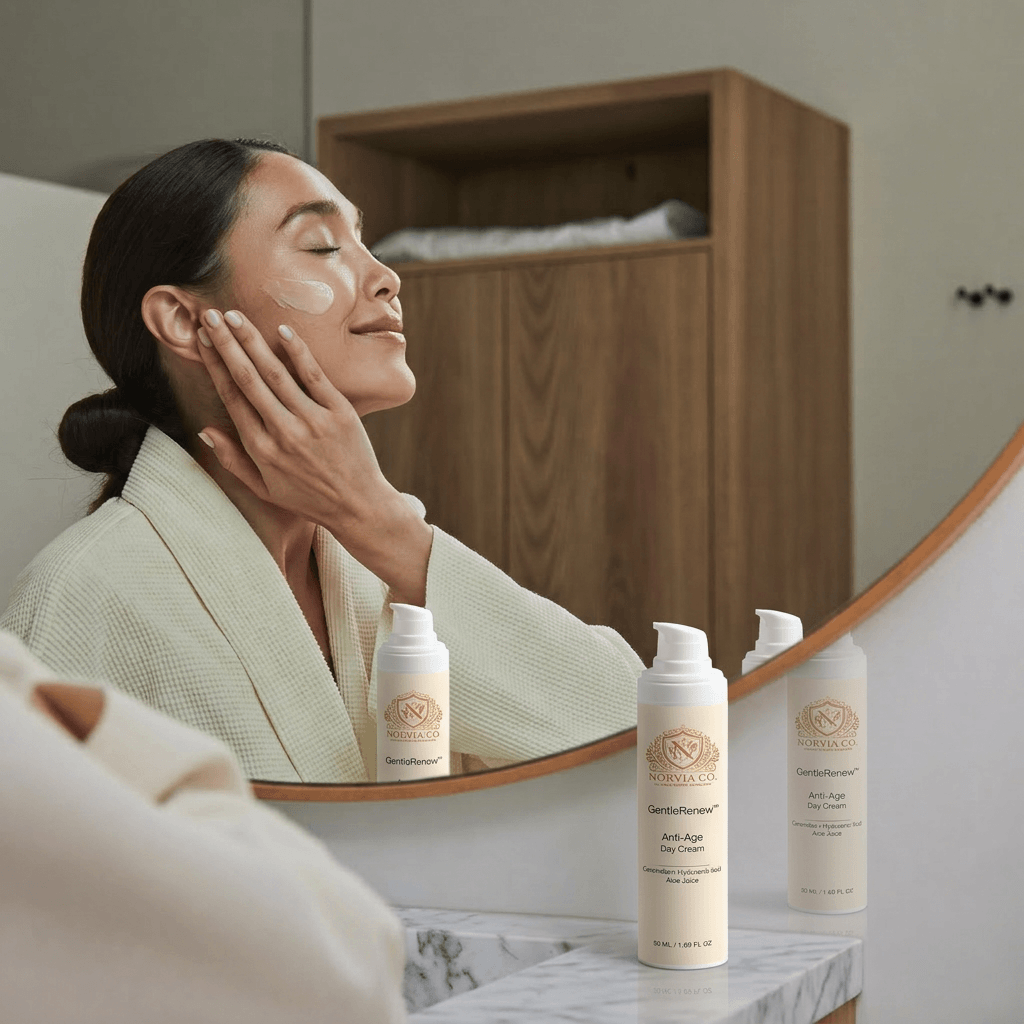 GentleRenew Anti-Aging Day Cream jar with smooth creamy texture and hydrating formula