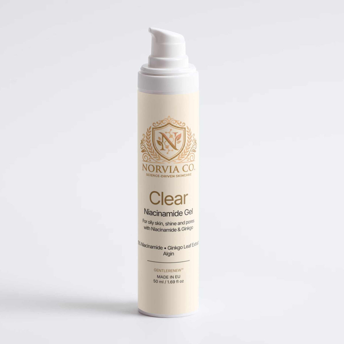 A single pump bottle of Norvia Clear Niacamide Gel standing upright on a light gray studio background. The bottle is off-white/cream with gold printed branding and text, and the pump is white.