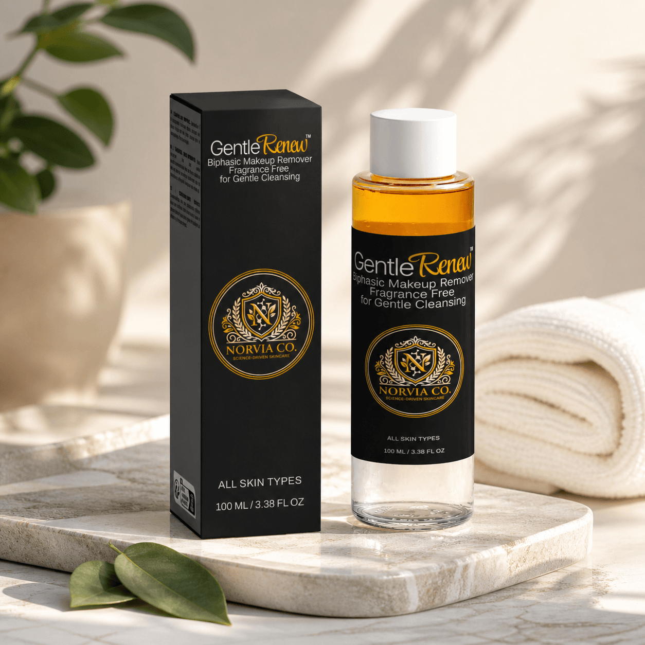 GentleRenew™ Biphasic Makeup Remover bottle showing dual-phase makeup remover for gentle cleansing and hydration