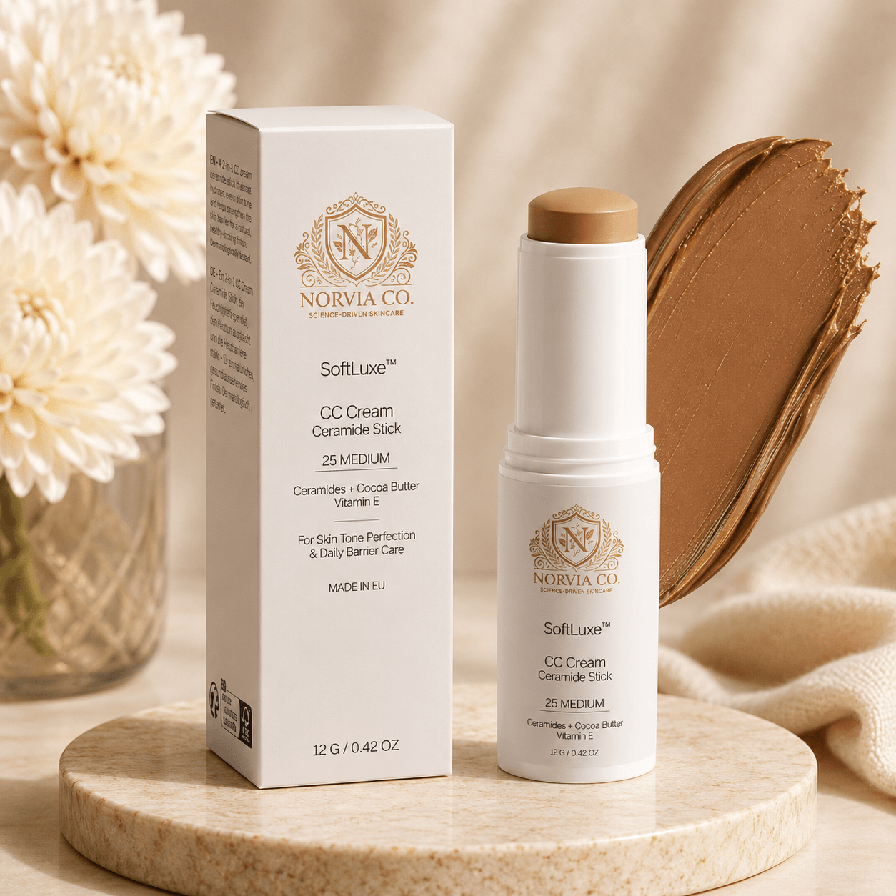 SoftLuxe Ceramide Stick CC Cream in sleek packaging for lightweight, hydrating coverage