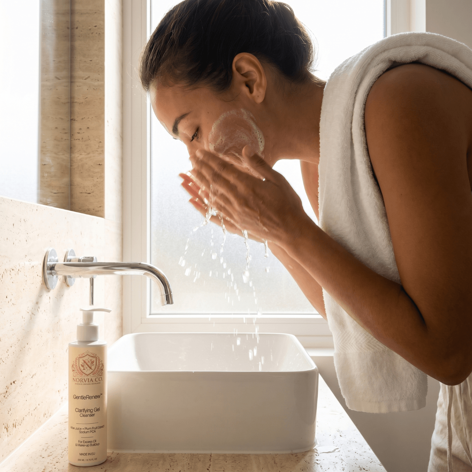 GentleRenew Clarifying Gel Cleanser bottle with aloe-based formula for balanced, fresh skin cleansing