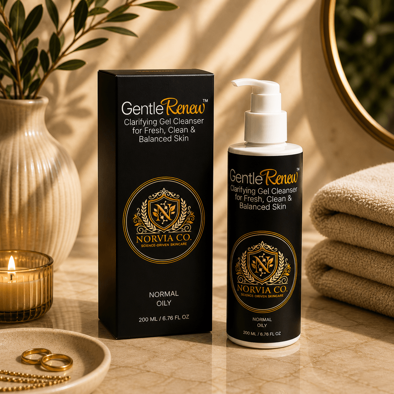 GentleRenew Clarifying Gel Cleanser bottle with aloe ingredients for balanced skin and impurity removal