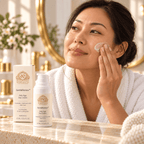 Clear Complexion Collection skincare set with cream and pump bottle, white packaging and gentle facial application.
