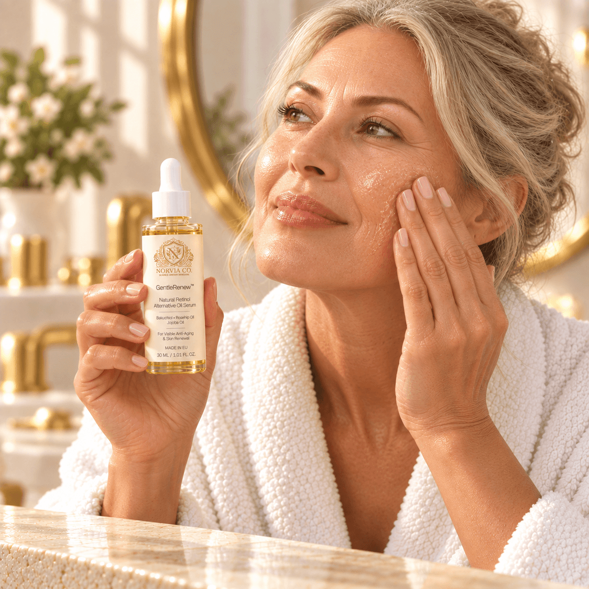 Clear Complexion Collection retinol alternative oil serum in a clear glass dropper bottle with golden oil.