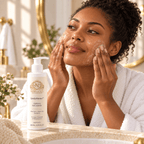 Clear Complexion Collection gel cleanser in a white pump bottle, shown with a woman gently cleansing her face.