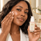 Exosome & Niacinamide Serum in a white pump bottle, shown with clear serum on a woman's cheek
